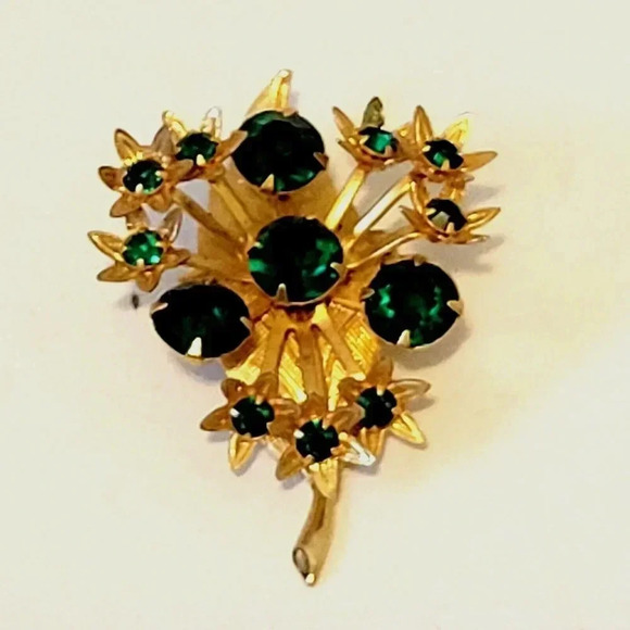Heart Leaf Rhinestone Brooch Vintage MCM Green Gold Tone 2" x 1.5" - Picture 1 of 2
